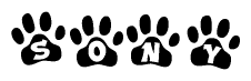 The image shows a row of animal paw prints, each containing a letter. The letters spell out the word Sony within the paw prints.