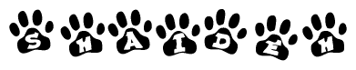 The image shows a row of animal paw prints, each containing a letter. The letters spell out the word Shaideh within the paw prints.