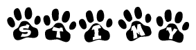 The image shows a series of animal paw prints arranged in a horizontal line. Each paw print contains a letter, and together they spell out the word Stimy.
