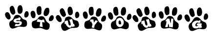 The image shows a series of animal paw prints arranged horizontally. Within each paw print, there's a letter; together they spell Stuyoung