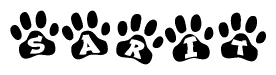 The image shows a series of animal paw prints arranged in a horizontal line. Each paw print contains a letter, and together they spell out the word Sarit.
