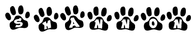 The image shows a series of animal paw prints arranged horizontally. Within each paw print, there's a letter; together they spell Shannon