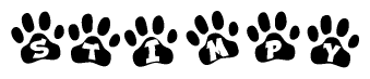 The image shows a row of animal paw prints, each containing a letter. The letters spell out the word Stimpy within the paw prints.