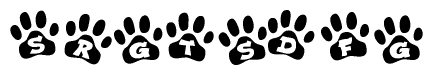 The image shows a series of animal paw prints arranged in a horizontal line. Each paw print contains a letter, and together they spell out the word Srgtsdfg.