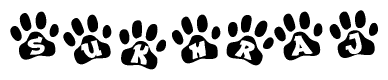 The image shows a series of animal paw prints arranged in a horizontal line. Each paw print contains a letter, and together they spell out the word Sukhraj.