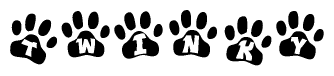 The image shows a series of animal paw prints arranged horizontally. Within each paw print, there's a letter; together they spell Twinky