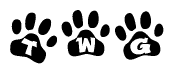 The image shows a series of animal paw prints arranged horizontally. Within each paw print, there's a letter; together they spell Twg