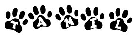 The image shows a series of animal paw prints arranged horizontally. Within each paw print, there's a letter; together they spell Tamil
