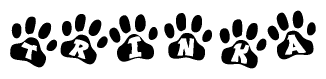 The image shows a series of animal paw prints arranged in a horizontal line. Each paw print contains a letter, and together they spell out the word Trinka.