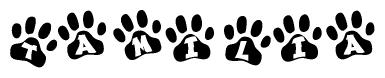 The image shows a series of animal paw prints arranged horizontally. Within each paw print, there's a letter; together they spell Tamilia