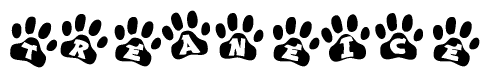 The image shows a row of animal paw prints, each containing a letter. The letters spell out the word Treaneice within the paw prints.