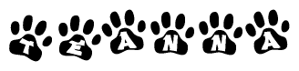 The image shows a row of animal paw prints, each containing a letter. The letters spell out the word Teanna within the paw prints.
