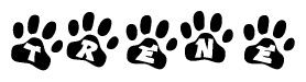 The image shows a series of animal paw prints arranged in a horizontal line. Each paw print contains a letter, and together they spell out the word Trene.