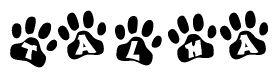 The image shows a row of animal paw prints, each containing a letter. The letters spell out the word Talha within the paw prints.
