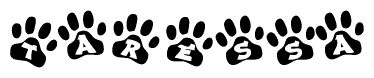 The image shows a row of animal paw prints, each containing a letter. The letters spell out the word Taressa within the paw prints.