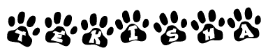 The image shows a series of animal paw prints arranged horizontally. Within each paw print, there's a letter; together they spell Tekisha