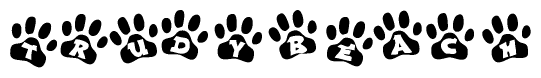 The image shows a series of animal paw prints arranged in a horizontal line. Each paw print contains a letter, and together they spell out the word Trudybeach.