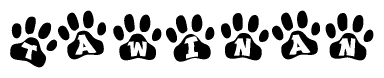 The image shows a series of animal paw prints arranged in a horizontal line. Each paw print contains a letter, and together they spell out the word Tawinan.