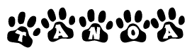 The image shows a series of animal paw prints arranged in a horizontal line. Each paw print contains a letter, and together they spell out the word Tanoa.