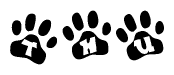 The image shows a row of animal paw prints, each containing a letter. The letters spell out the word Thu within the paw prints.