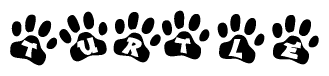 The image shows a series of animal paw prints arranged in a horizontal line. Each paw print contains a letter, and together they spell out the word Turtle.