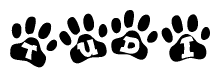 The image shows a series of animal paw prints arranged horizontally. Within each paw print, there's a letter; together they spell Tudi