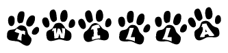The image shows a series of animal paw prints arranged horizontally. Within each paw print, there's a letter; together they spell Twilla
