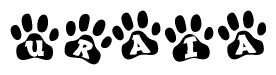 The image shows a series of animal paw prints arranged in a horizontal line. Each paw print contains a letter, and together they spell out the word Uraia.