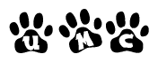 The image shows a series of animal paw prints arranged in a horizontal line. Each paw print contains a letter, and together they spell out the word Umc.