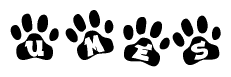 The image shows a series of animal paw prints arranged horizontally. Within each paw print, there's a letter; together they spell Umes