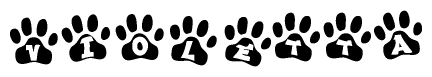 The image shows a series of animal paw prints arranged horizontally. Within each paw print, there's a letter; together they spell Violetta