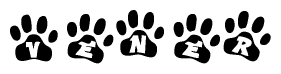 The image shows a series of animal paw prints arranged in a horizontal line. Each paw print contains a letter, and together they spell out the word Vener.