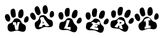 The image shows a row of animal paw prints, each containing a letter. The letters spell out the word Valeri within the paw prints.