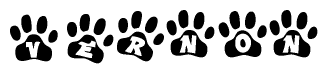 The image shows a series of animal paw prints arranged in a horizontal line. Each paw print contains a letter, and together they spell out the word Vernon.