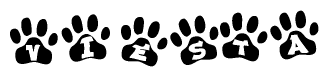 The image shows a row of animal paw prints, each containing a letter. The letters spell out the word Viesta within the paw prints.
