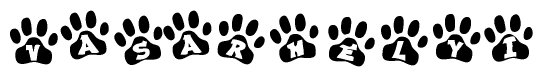 The image shows a series of animal paw prints arranged horizontally. Within each paw print, there's a letter; together they spell Vasarhelyi