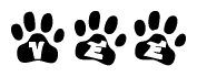 The image shows a series of animal paw prints arranged horizontally. Within each paw print, there's a letter; together they spell Vee