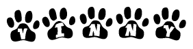 The image shows a series of animal paw prints arranged in a horizontal line. Each paw print contains a letter, and together they spell out the word Vinny.