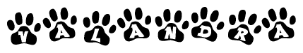 The image shows a series of animal paw prints arranged in a horizontal line. Each paw print contains a letter, and together they spell out the word Valandra.