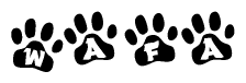 The image shows a series of animal paw prints arranged in a horizontal line. Each paw print contains a letter, and together they spell out the word Wafa.