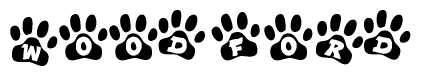 The image shows a row of animal paw prints, each containing a letter. The letters spell out the word Woodford within the paw prints.