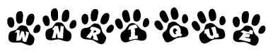 The image shows a series of animal paw prints arranged in a horizontal line. Each paw print contains a letter, and together they spell out the word Wnrique.
