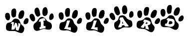The image shows a row of animal paw prints, each containing a letter. The letters spell out the word Willard within the paw prints.