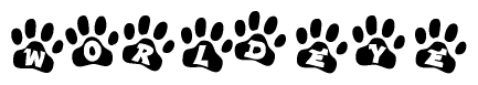 The image shows a series of animal paw prints arranged in a horizontal line. Each paw print contains a letter, and together they spell out the word Worldeye.