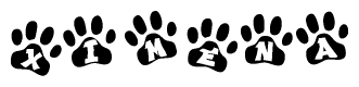 The image shows a series of animal paw prints arranged horizontally. Within each paw print, there's a letter; together they spell Ximena