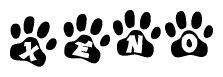 The image shows a series of animal paw prints arranged horizontally. Within each paw print, there's a letter; together they spell Xeno
