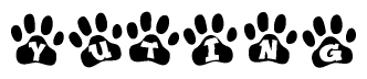 The image shows a series of animal paw prints arranged in a horizontal line. Each paw print contains a letter, and together they spell out the word Yuting.