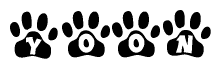 The image shows a row of animal paw prints, each containing a letter. The letters spell out the word Yoon within the paw prints.