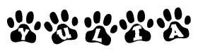 The image shows a series of animal paw prints arranged in a horizontal line. Each paw print contains a letter, and together they spell out the word Yulia.