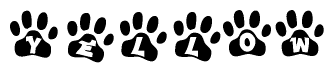 The image shows a series of animal paw prints arranged in a horizontal line. Each paw print contains a letter, and together they spell out the word Yellow.